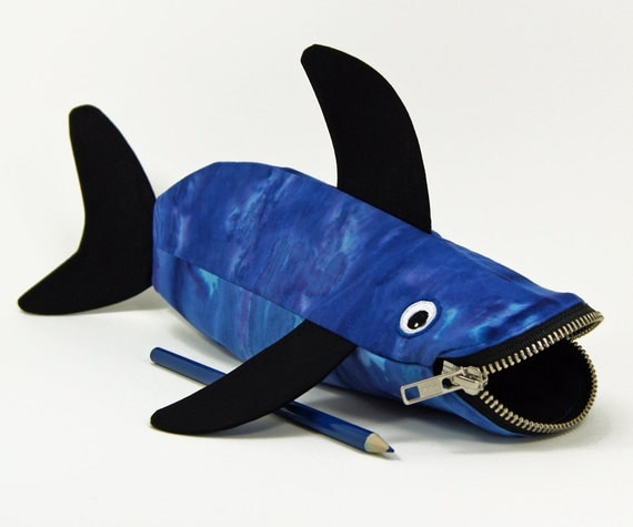 Shark Pencil Bag by MinneBites / Handmade Pencil Case - Toy Bag - Boys Gift - Tie Dyed Blue - Fish Bag - Kids Art Storage, ready to ship