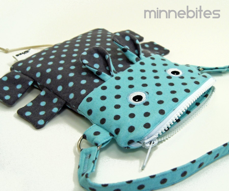 Hippo Purse by MinneBites / Handmade Cross Body Bag - Cute Animal Toy Bag - Little Girls Blue Hippo Purse - Kids Accessories, ready to ship