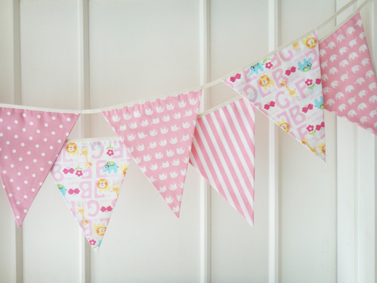 Baby Bunting, Fabric Banners, Pennants, Elephant, Alphabet, Stripes, Dots, Pink Shade - 3 yards