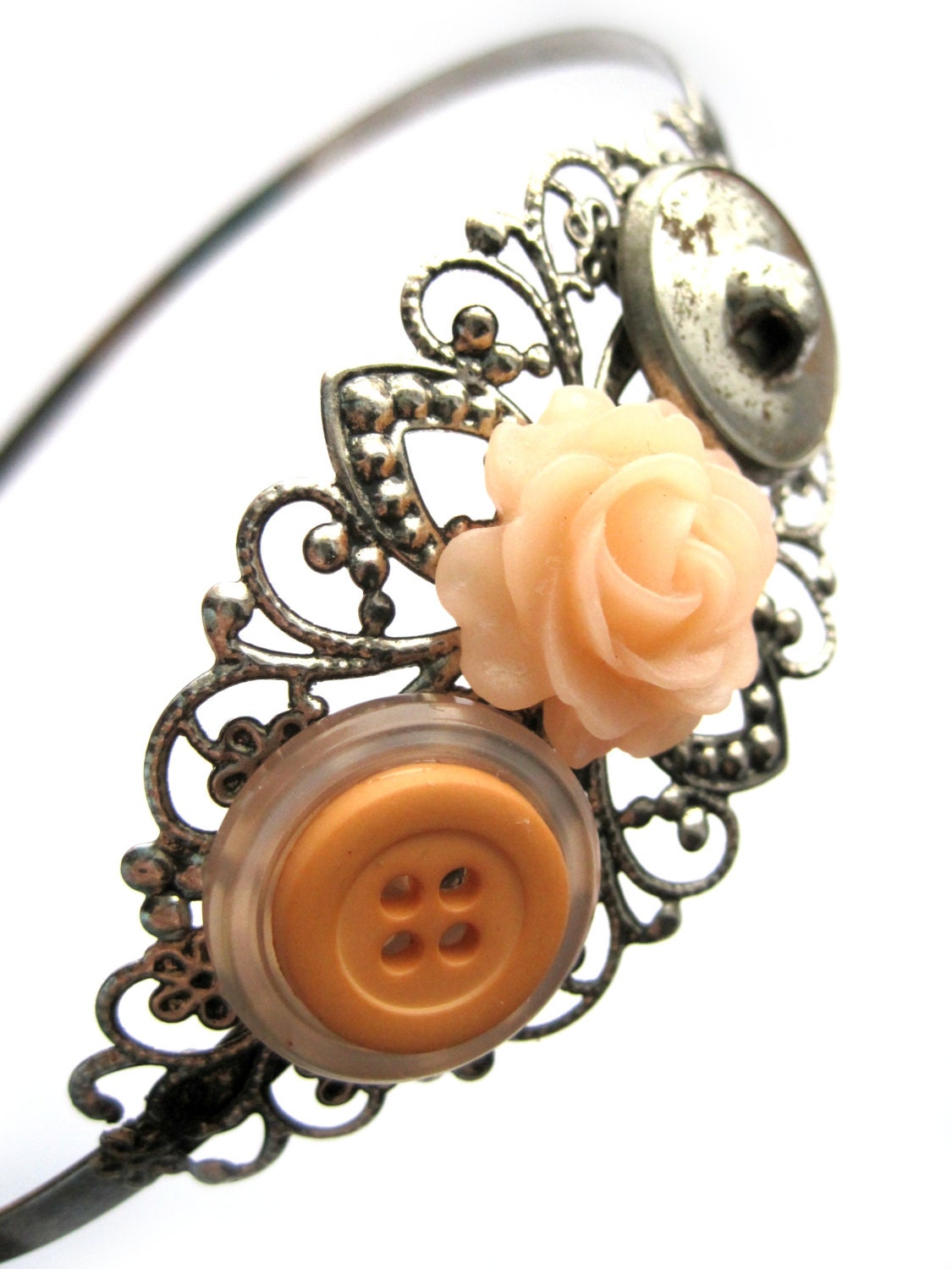 Peach headband - filigree headband - vintage buttons, cream, peach, orange, pale, pastel - rose, flower, peach flower - metal headband