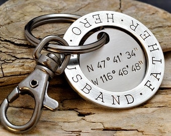 Latitude Longitude For Him - GPS Key Chain - Husband. Father. Hero Key Chain