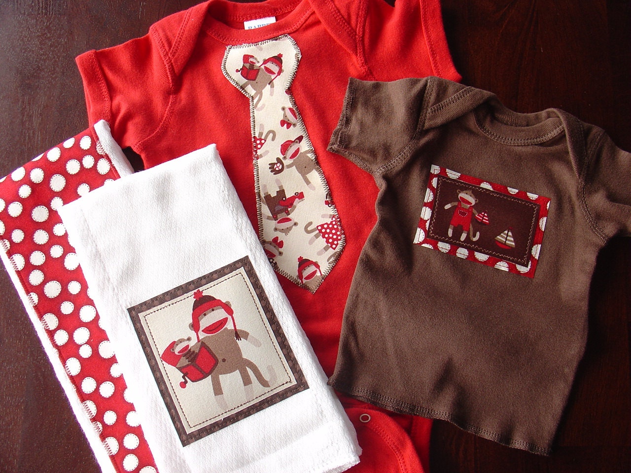 READY TO SHIP - Boys Sock Monkey Onesie and Burp Cloth Set