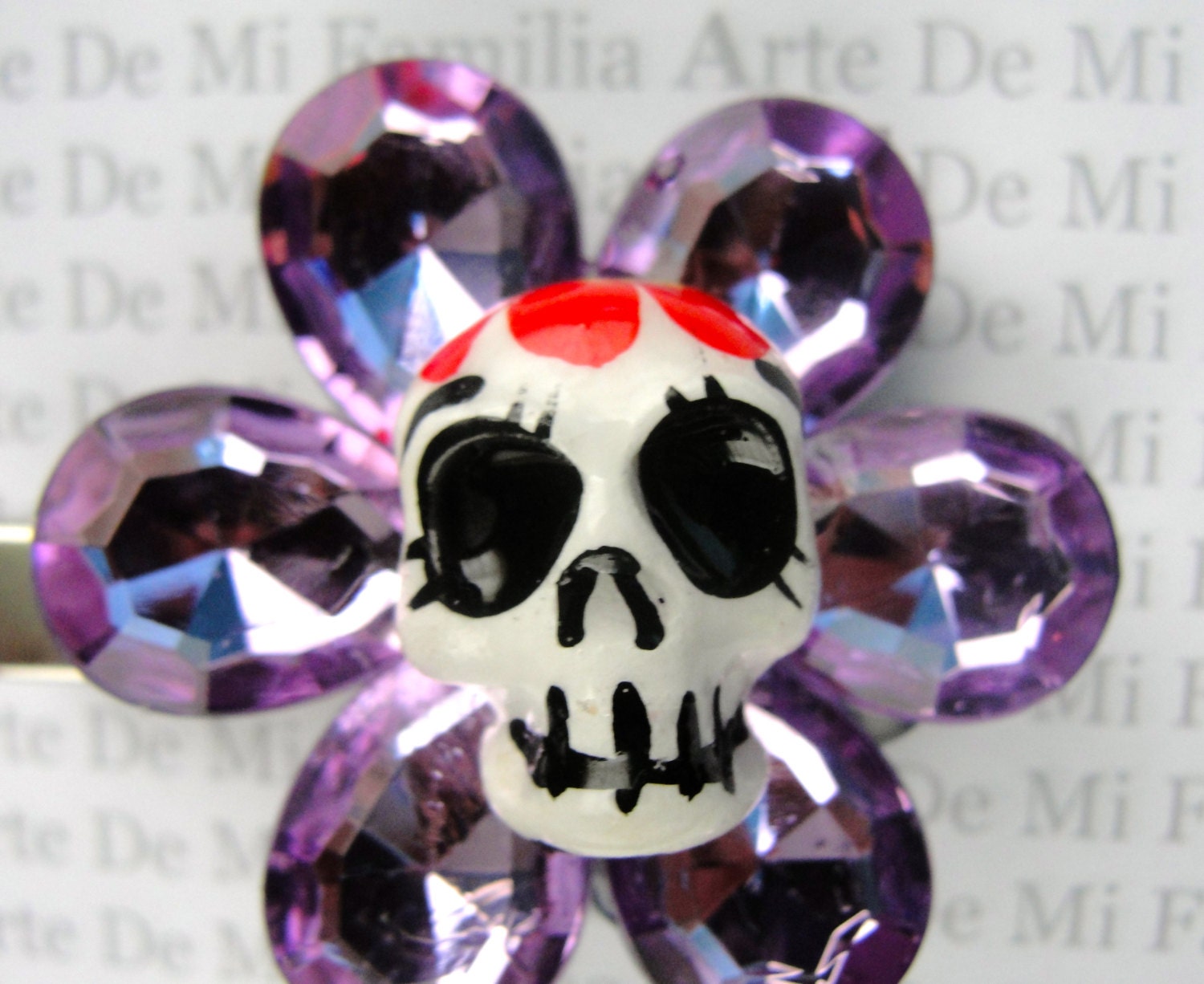 Lavender Purple Day of The Dead  Clay Sugar Skull Dia De Los Muertos Hair Mexican Rockabilly Art Clip Flower Bling