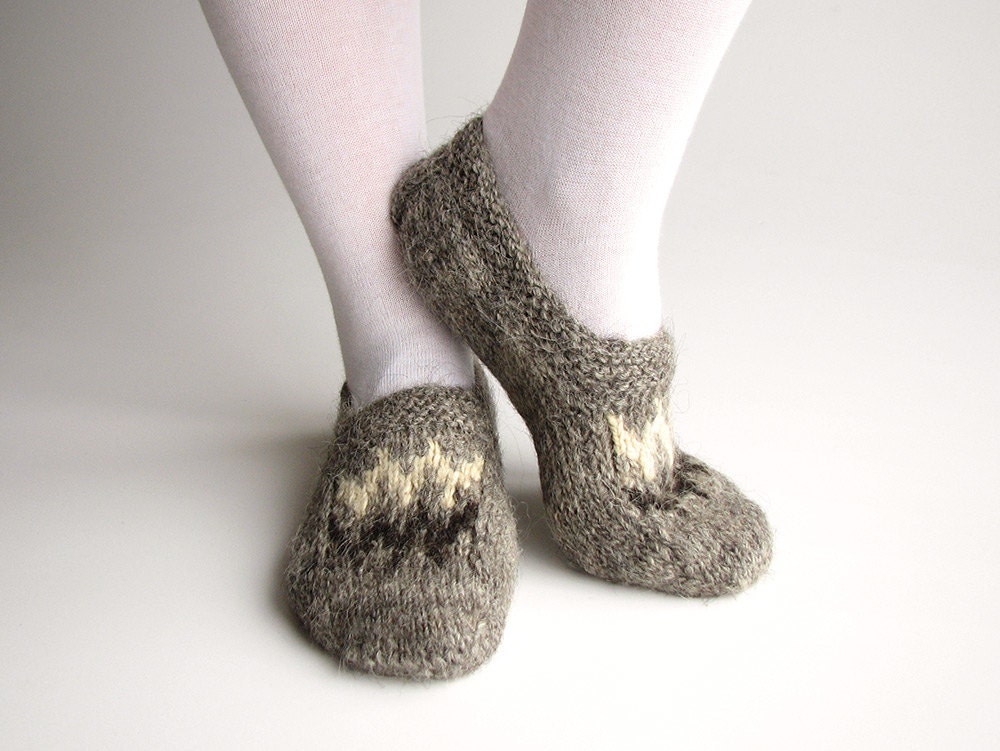 Hand Knitted Small Size Women Slippers - Home Comfort - Natural Organic Clothing - Handspun Undyed Wool Yarn