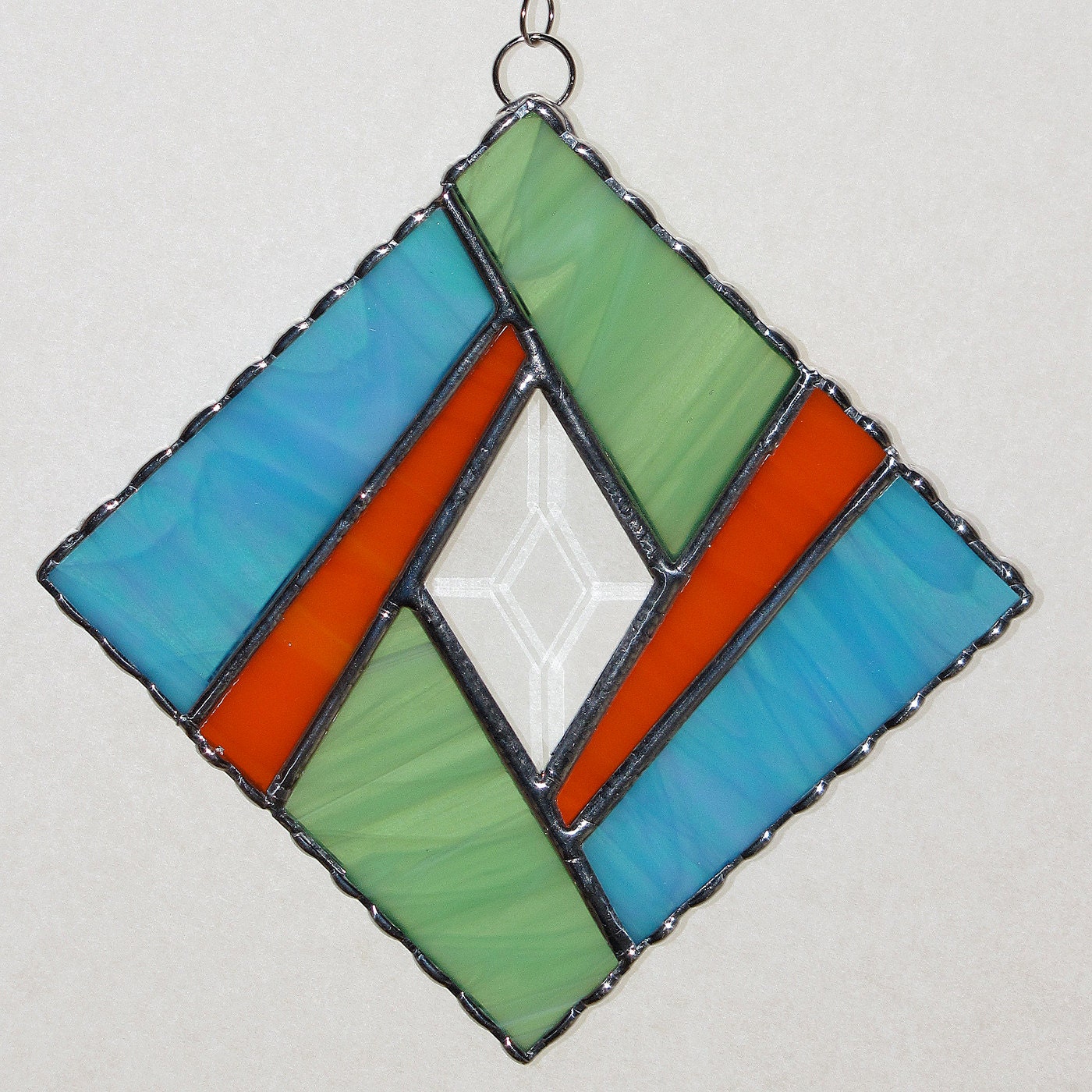 Stained Glass Suncatcher - Elegant Geometric Design with Bevel, Bright Colors, Diamond Shaped