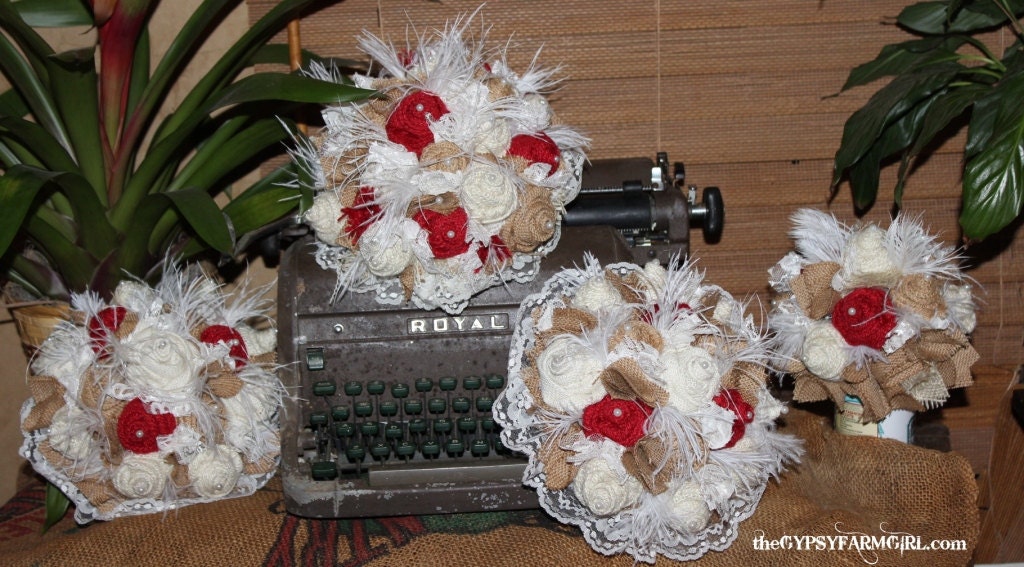 Red, Tan, and White Burlap Roses Bridal Wedding Bouquet and Boutonniere Burlap and Vintage Lace Flowers