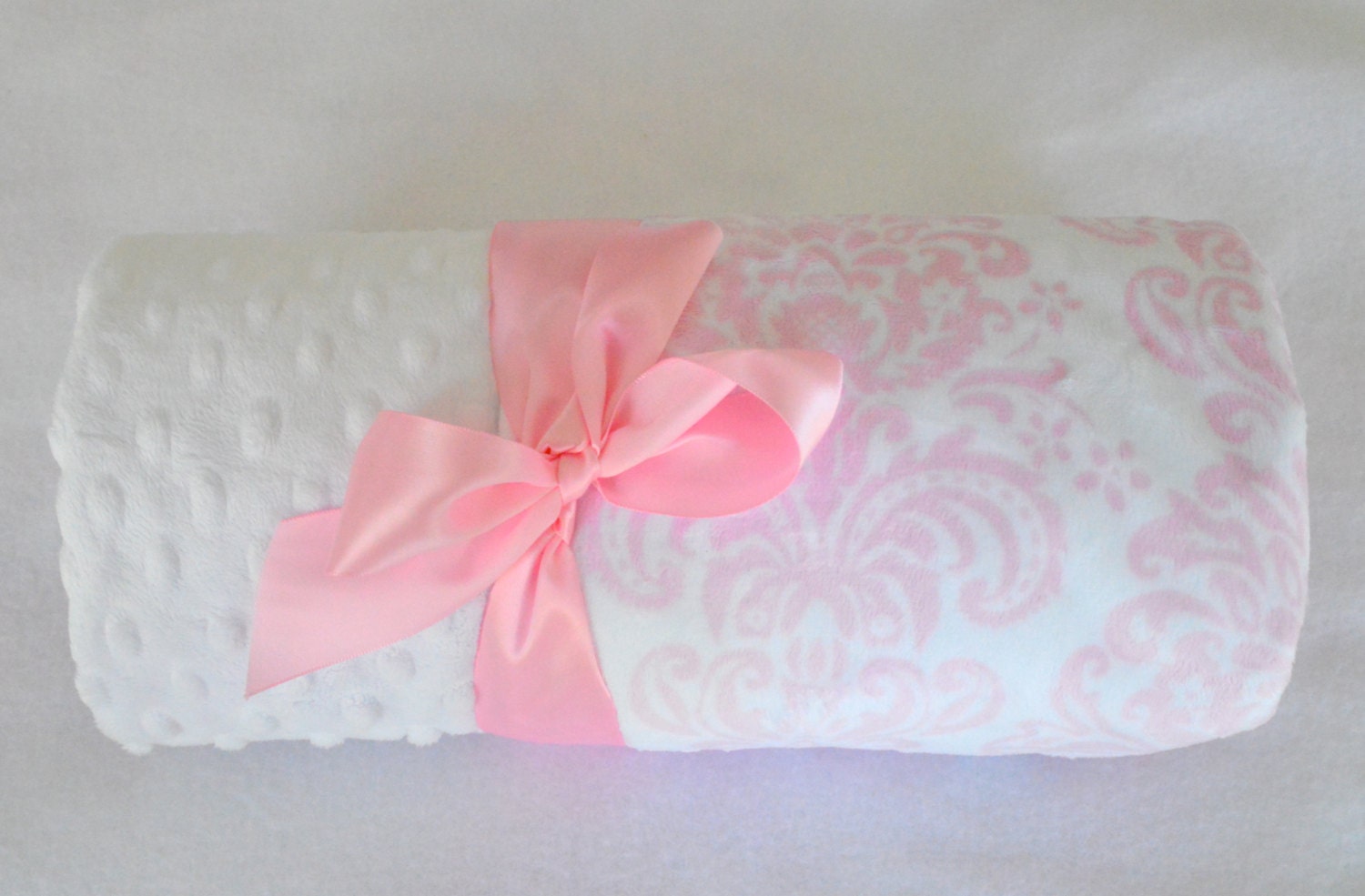 Monogrammed Minky Baby Blanket - White with Pink Damask Print - Personalized Girl