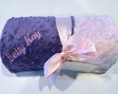 Monogrammed Minky Baby Blanket - Purple Lilac with Pink Damask Print - Personalized Girl