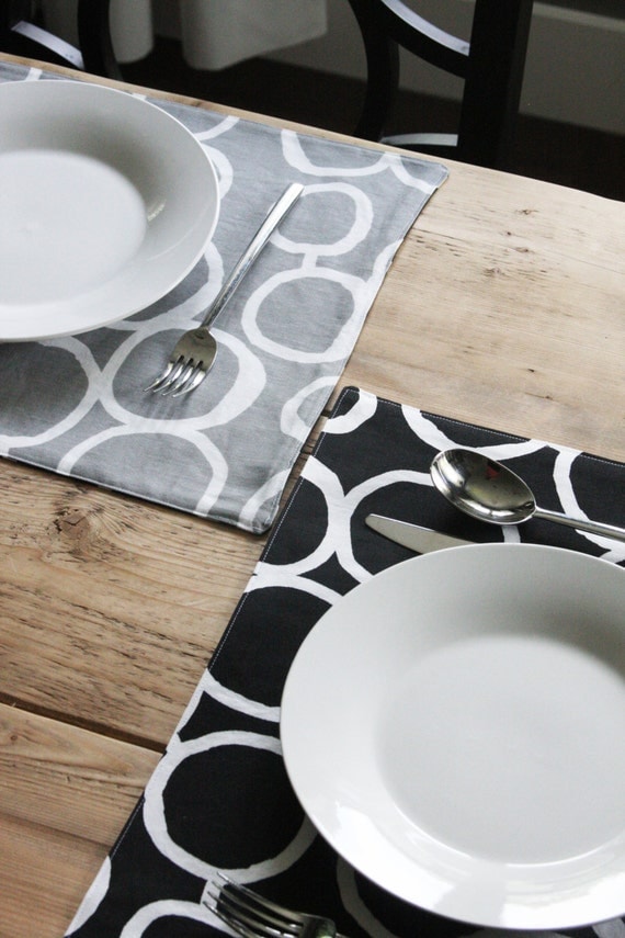 READY TO SHIP Reversible Placemats Grey and Black with White Circles