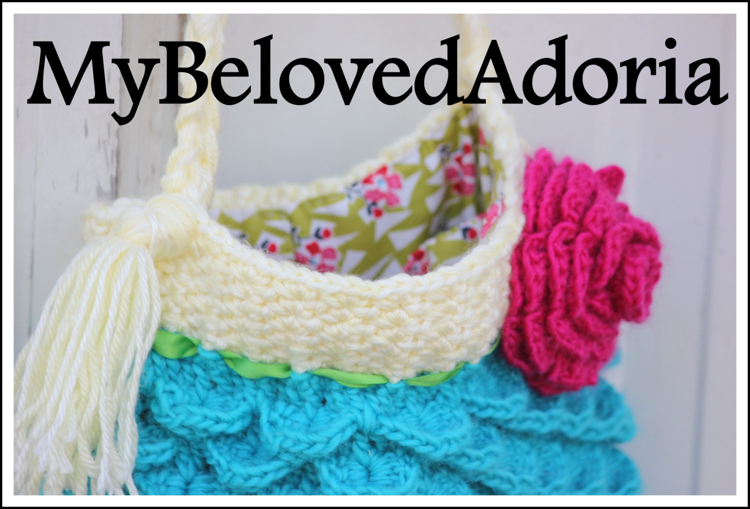 Alligator scale stitch purse in teal and light yellow with bright pink flower and green ribbon accent- READY TO SHIP