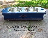 Elevated Dog Bowl Pet Feeder NEW Style Navy Blue Shabby Chic - Distressed, Two - One Quart Paw Print Stainless Bowls MADE and READY To Ship