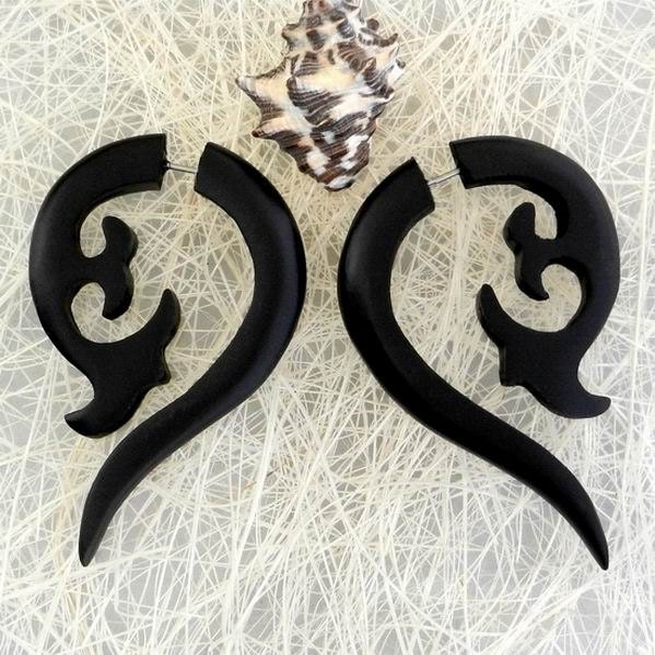 Fake Gauge Earrings -- SMART PRICE -- 1 Pair Organic Wooden Earrings - Black Wood Fleur Curls - (By Fake Gauge Organics)
