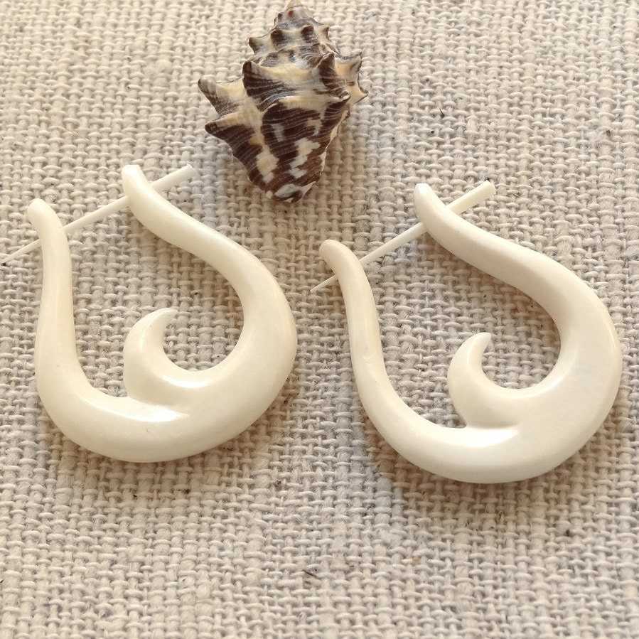 1 Pair Bone Earrings - Helena French Curl Hoops - Organic Bone - New Design - Fake Gauge Organics