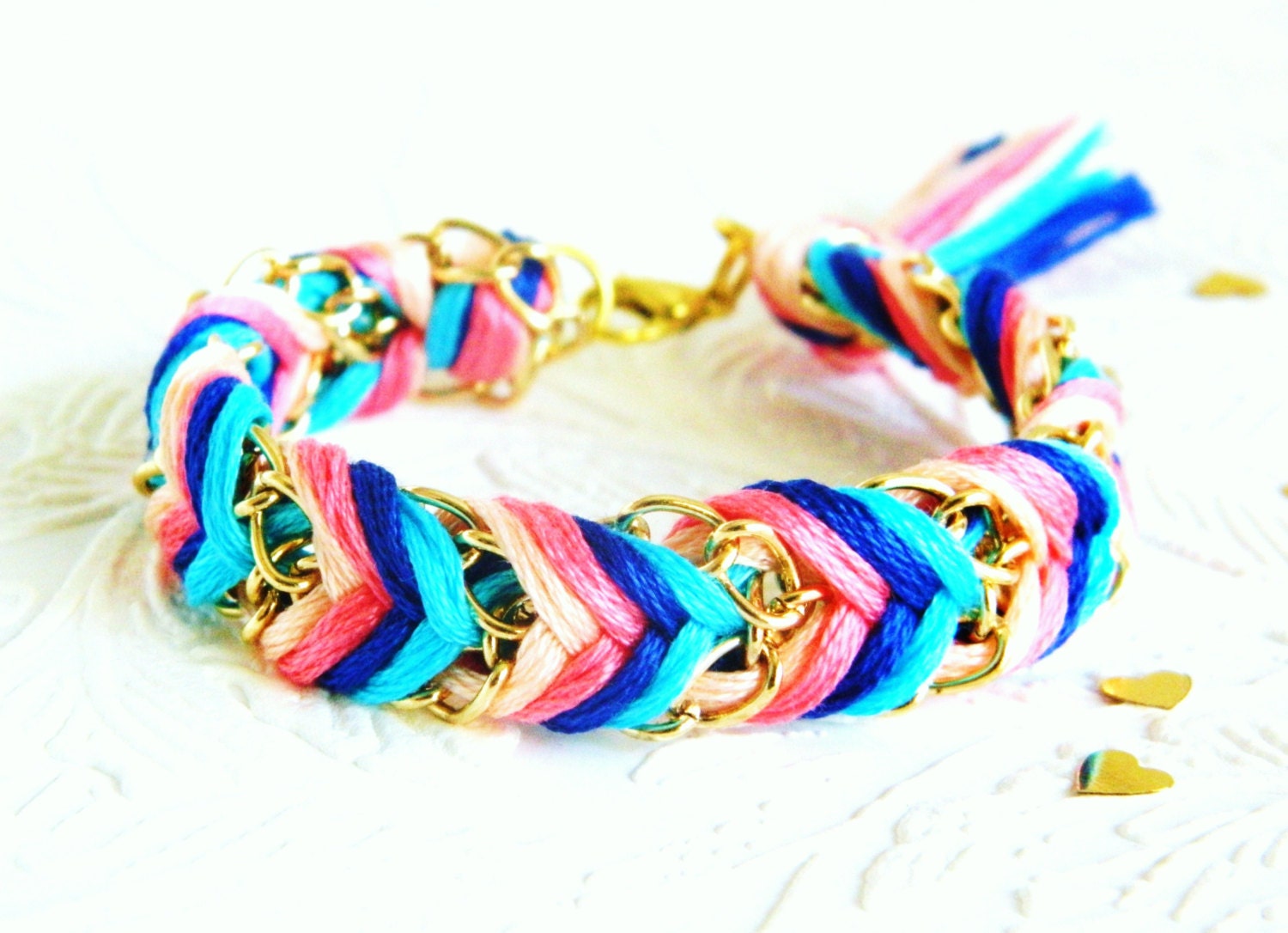 Carnival Candy - Peachy Keen, Neon Pink, Capri Blue & Rich Navy - Chevron Braided Modern Friendship Bracelet - Featured on Etsy's Front Page