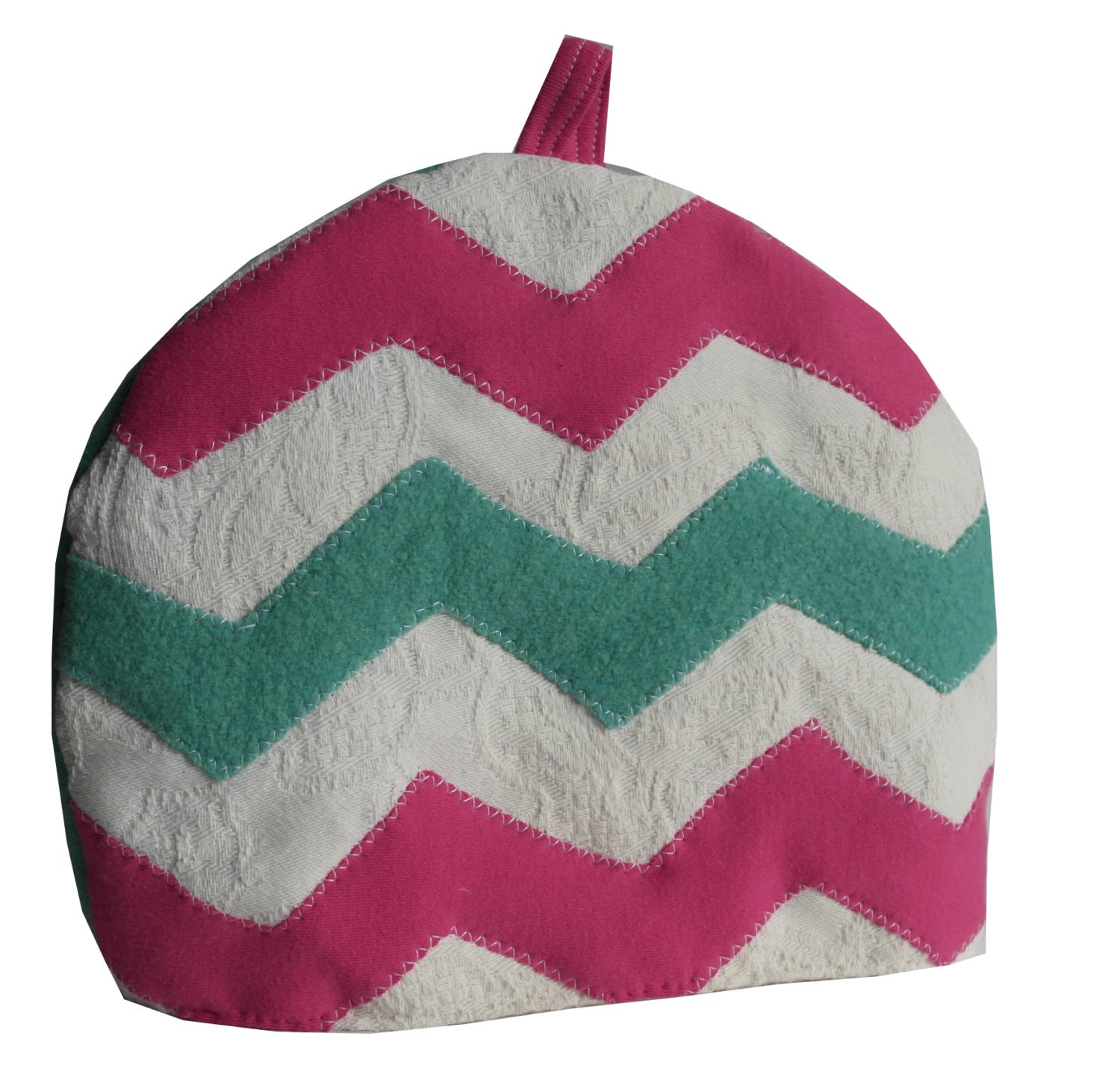 Pink and blue chevron stripe zig zag small tea cosy
