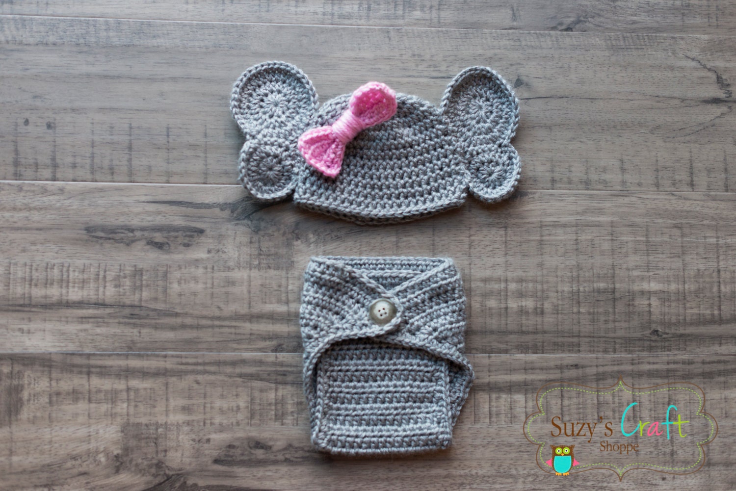 Jungle Elephant Style Crochet beanie and Diaper cover Set- newborn, ready to ship