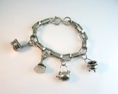 Vintage Charm Bracelet Silver Tone Chunky Links Colonial Candle Tea Kettle Cauldron Wash Tub 1960s Jewelry