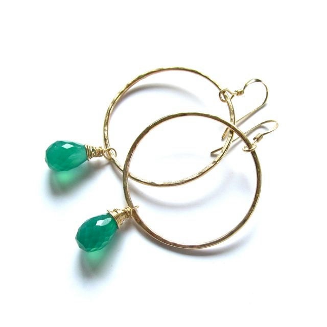 Gold Hammered Hoops, Emerald Green Onyx, Wire Wrapped, Gemstone Earrings, Gift for Her