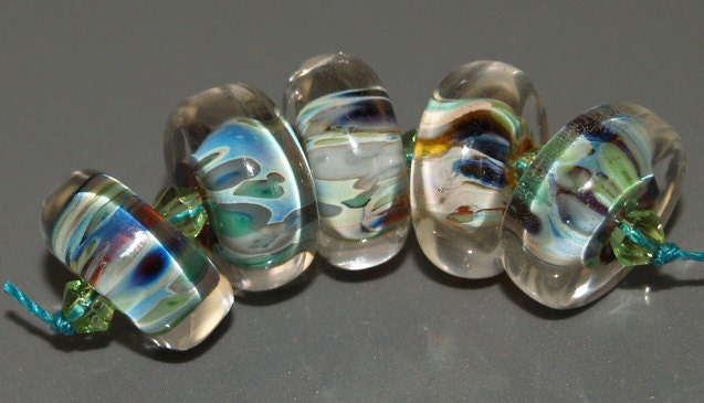 Green /  Blue Rondelles - Handmade Lampwork Glass Bead Set -  SRA FHFteam Y3 GBUK UK Seller  Cpteam