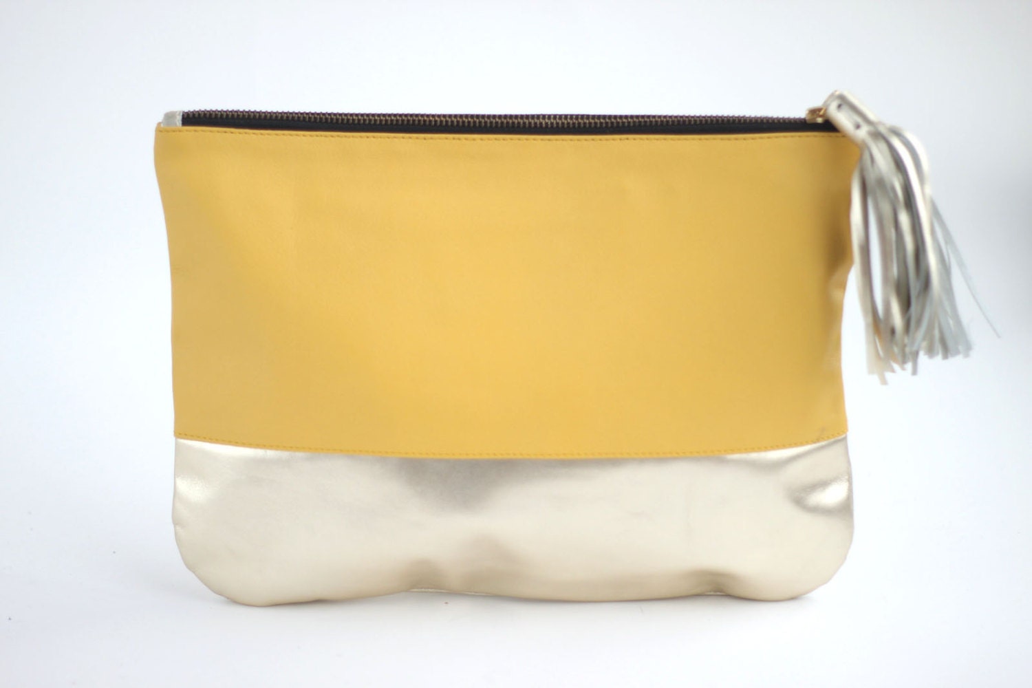 Spring Summer Bright Leather Clutch in Yellow and Pale Gold- SALE