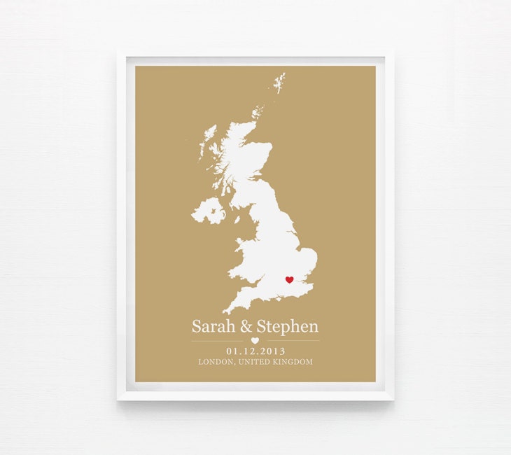 Wedding Gift Personalized Anniversary or Wedding Custom Location United Kingdom Any State or Country 8x10 Map Print