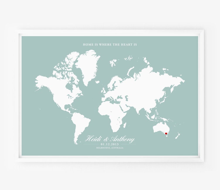 Wedding Gift Personalized Anniversary or Wedding Custom World Map 13 x 19 Art Poster Home is Where The Heart Is