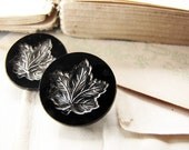pair of antique black glass buttons - Victorian - silver lustre maple leaf motif - Canadian - 16mm