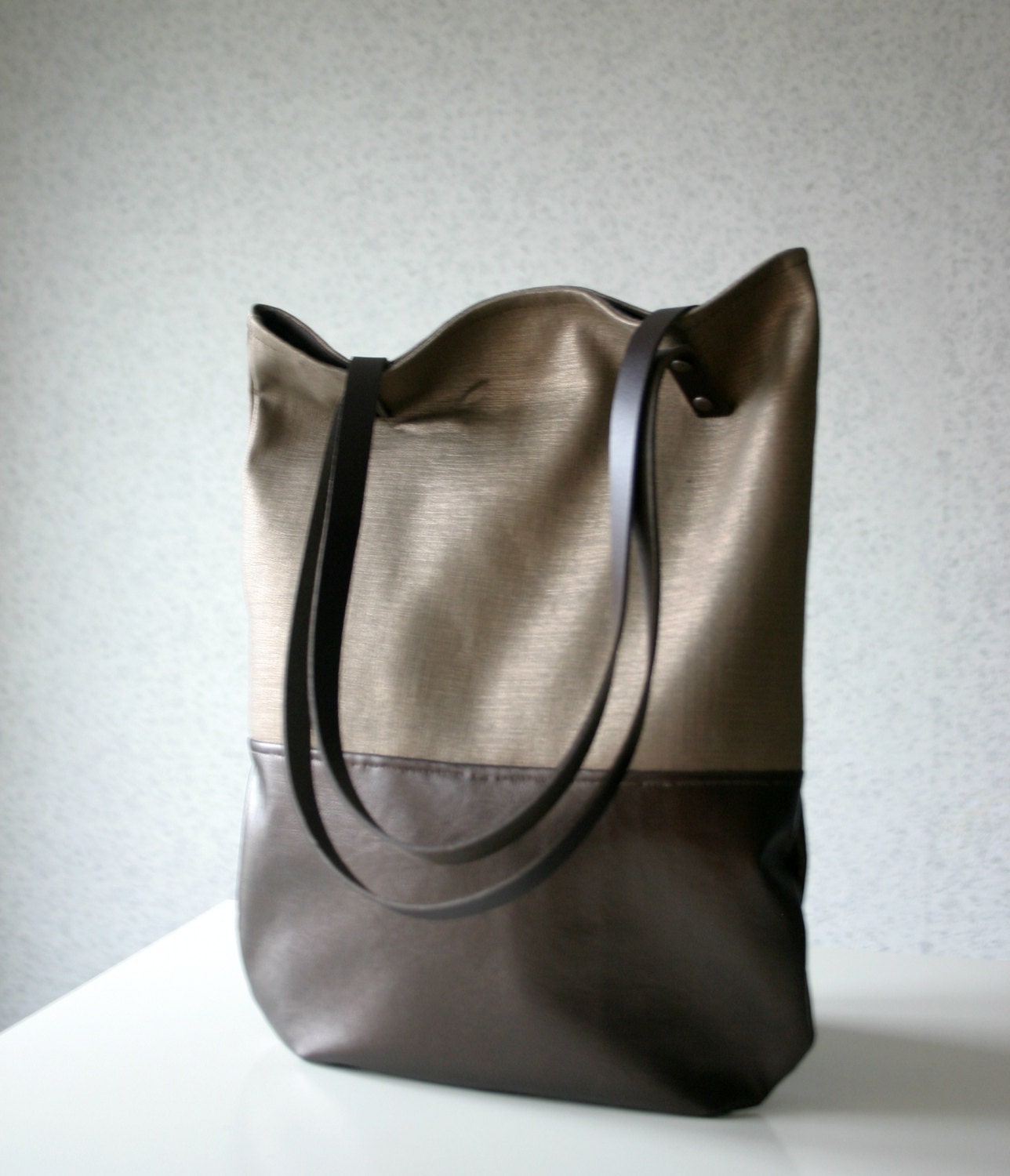 Metallic Linen and Leather Bag leather Handles Straps Bronze