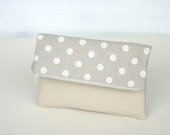 Foldover Leather and canvas Clutch Purse Polka dot White