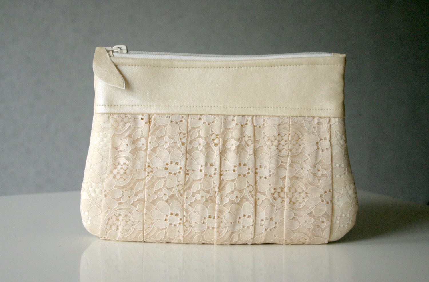 Bridal lace and leather Ruched clutch pleated lace pearl effect leather