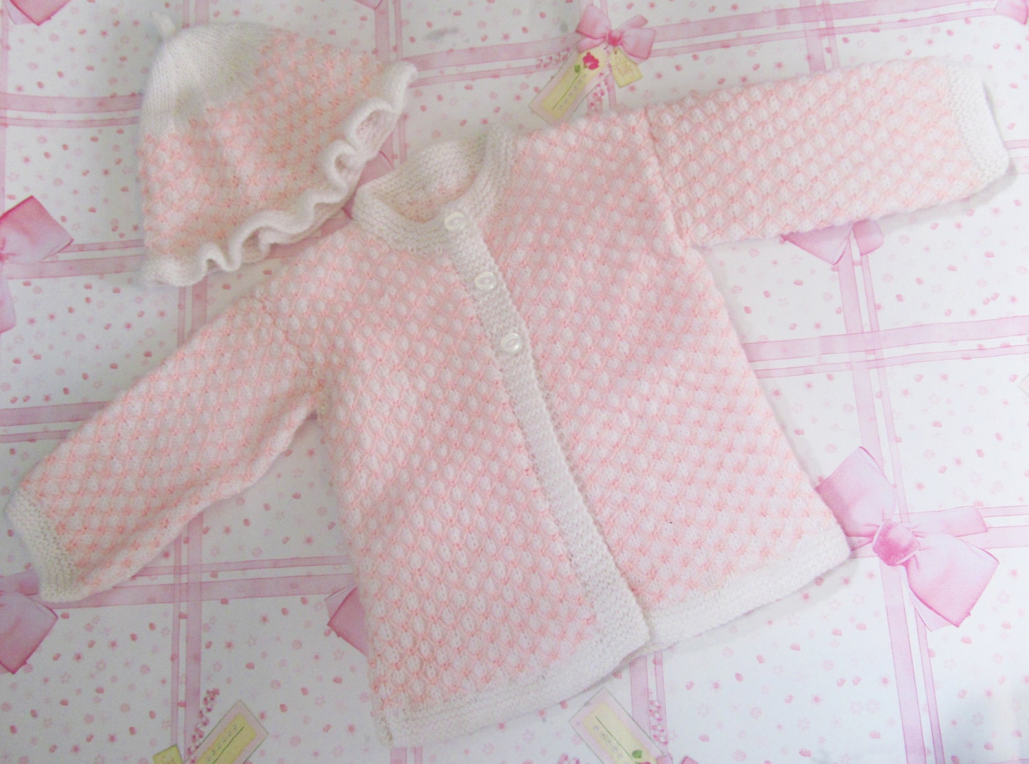 Baby Girl's white / pink modern matinee jacket and hat / cap. Royal Baby Inspired.