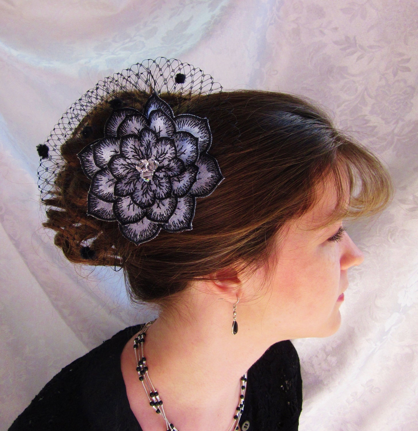 Black White Bridesmaid Fascinator Wedding Hair Accessory Embroidered Flower Swarovski Crystals
