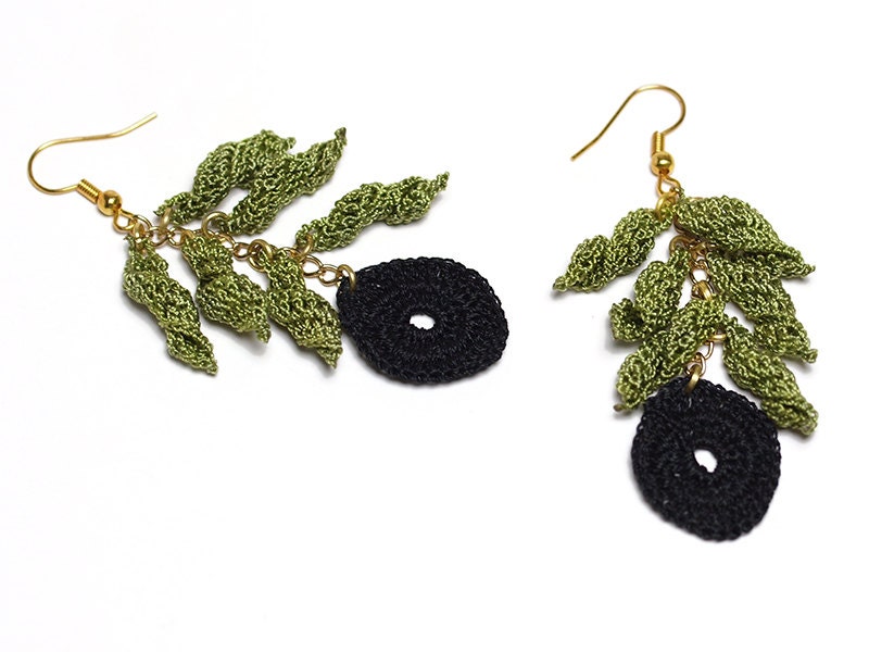 Olive Crochet Bohemian Chic Dangle Earrings in Black, Green Varnished Hippie Boho Gypsy Style Jewelry Plant Nature