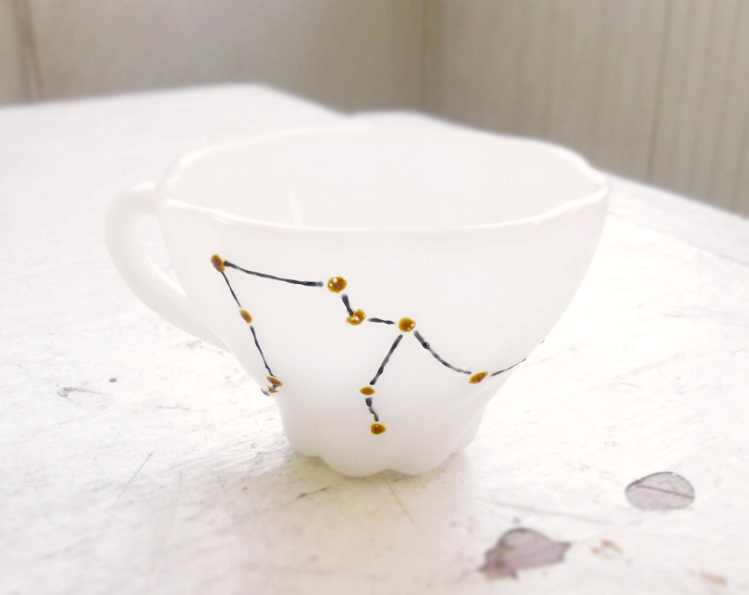 aquarius vintage tea cup - hand drawn zodiac constellation - gold stars and black lines