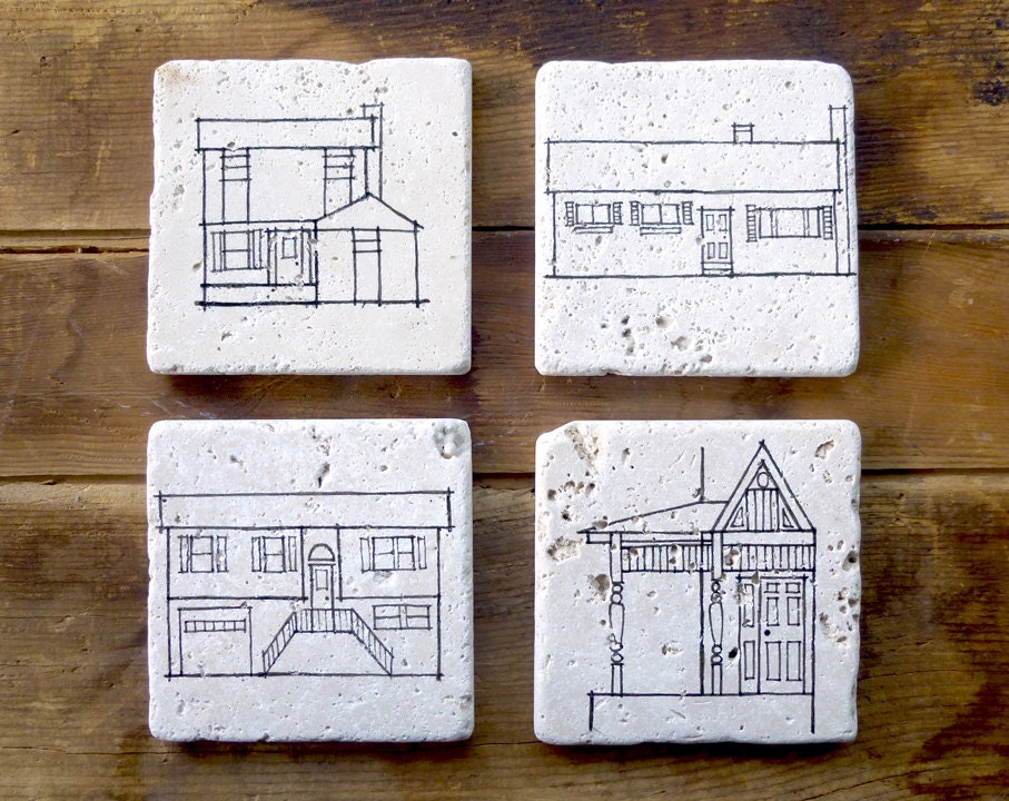 four unique house coasters - hand drawn home illustration - architectural line drawing - set of 4