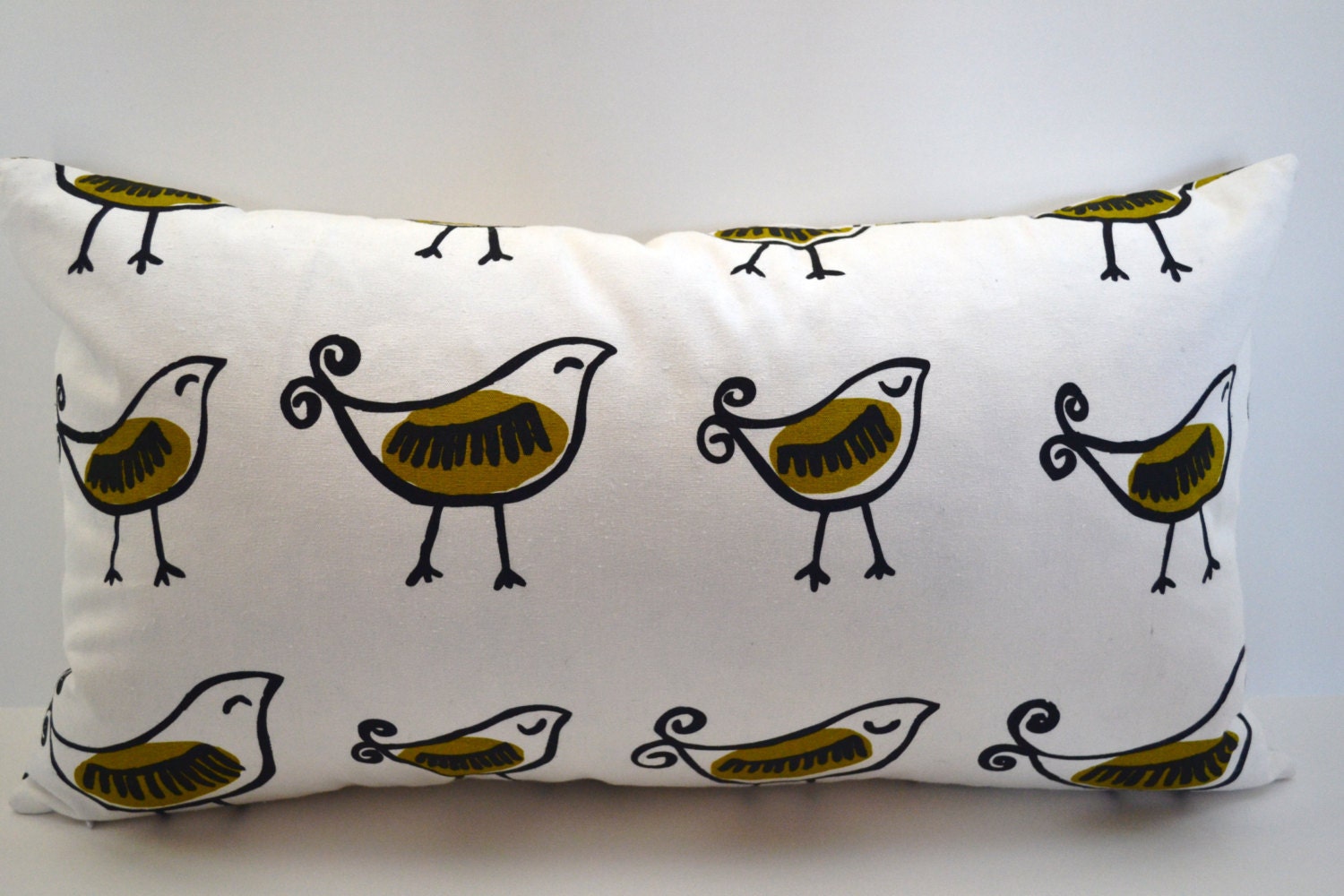 Lumbar Pillow Cover in a White Cotton Duck Hand Print "Fernbird in Citron" Fabric