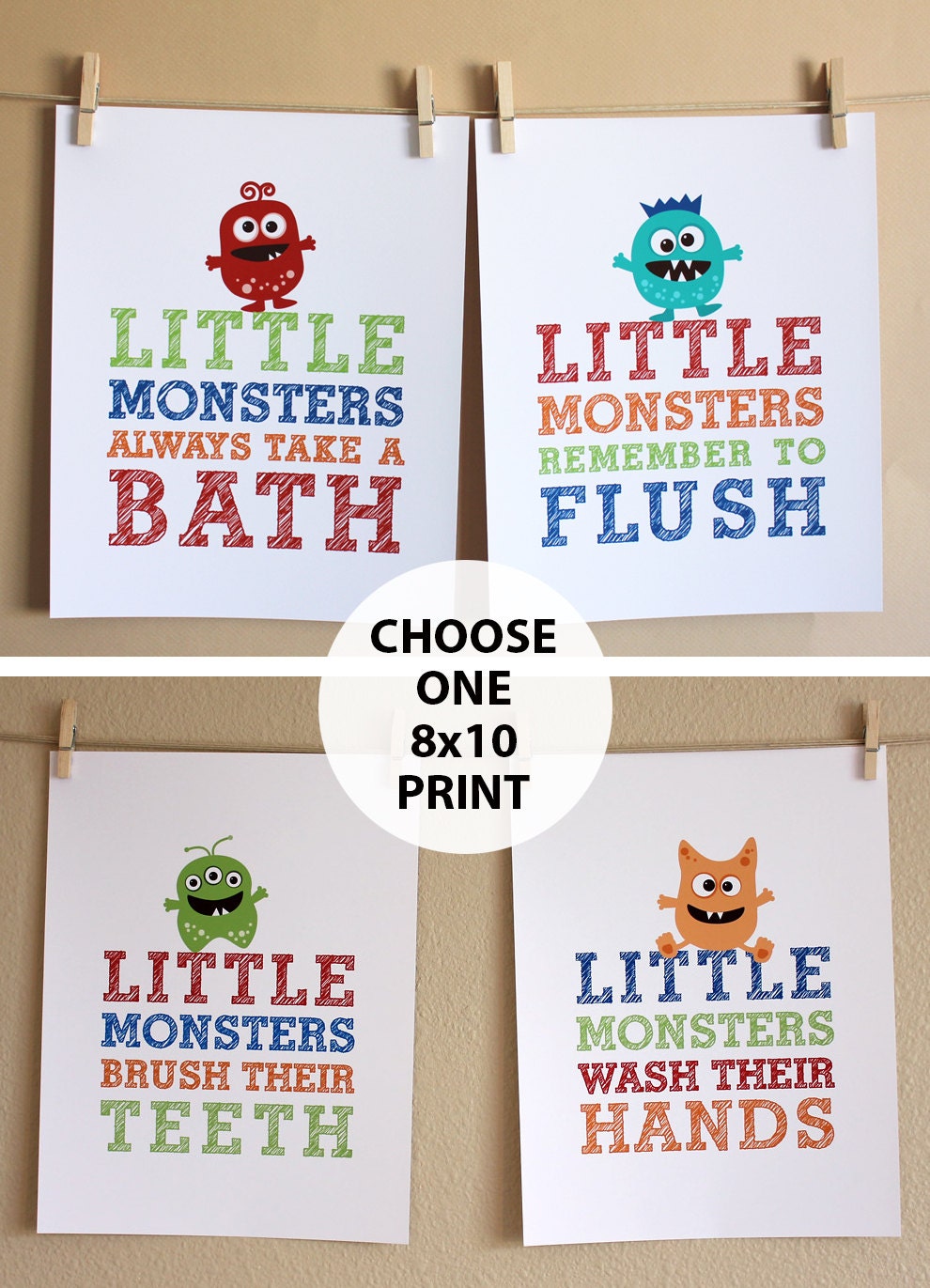Bathroom Wall Decor, Little Monsters, One 8x10 Art Print, Unframed