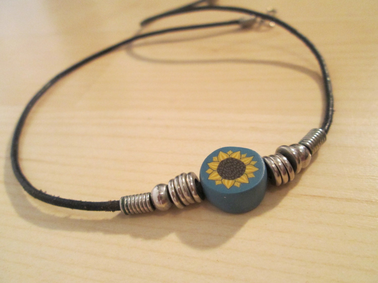 90s Club Kid Black Rope Necklace Choker Sunflower Stamp Boho Hippie Gypsy Acid Grunge Rave Jewelry Vintage Festival Wear