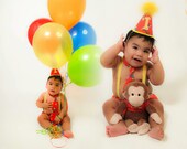 Baby / Boy Toddler Party Hat & Diaper Cover First Birthday Photo Cake Smash Outfit in Curious George