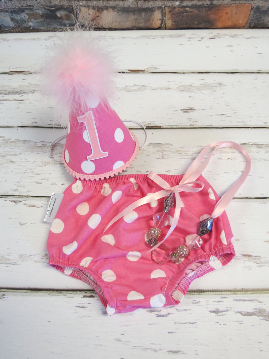 Baby Girl / Toddler Cake Smash Birthday Party and Photo Outfit in Pink and White Polka Dots