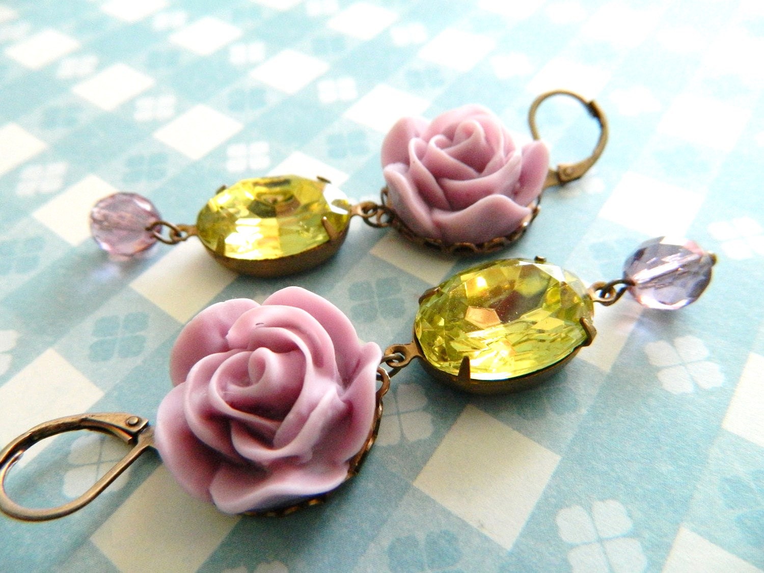 Rose Earrings, Lavender Floral Earrings, Lemon Citrine Chartreuse, Romantic Earrings, Shabby Earrings, Mothers Day Earrings, Vintage Jewelry