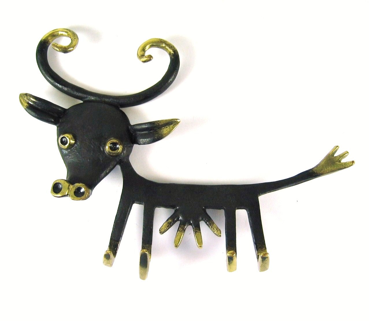 Walter Bosse Vintage ORIGINAL Modernist Austrian 1950s Brass Cow Wall Hook