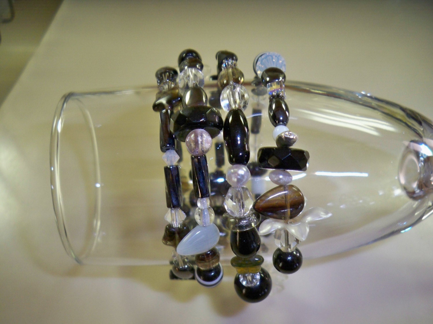 Memory Wire Black, White, Crystals  Beaded Wrap Bracelet