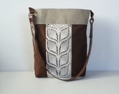 Brown Cotton Burlap Shoulder Bag with Vintage Doily and Upcycled Leather Belt - Chocolate Cross Body Bag - JuneberryStitches