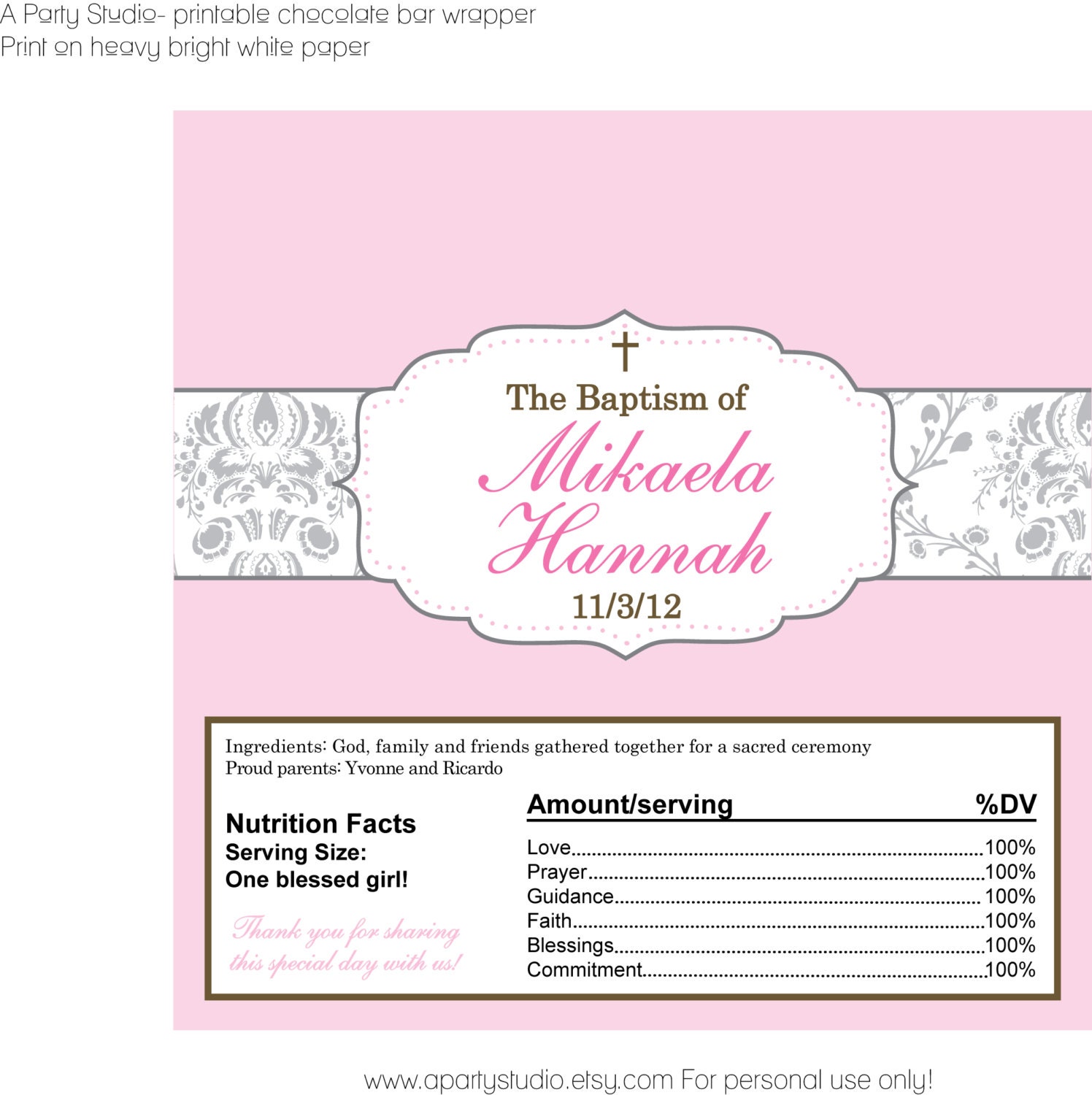 Pink and Grey Personalized Baptism Chocolate Bar Wrapper- Print your own