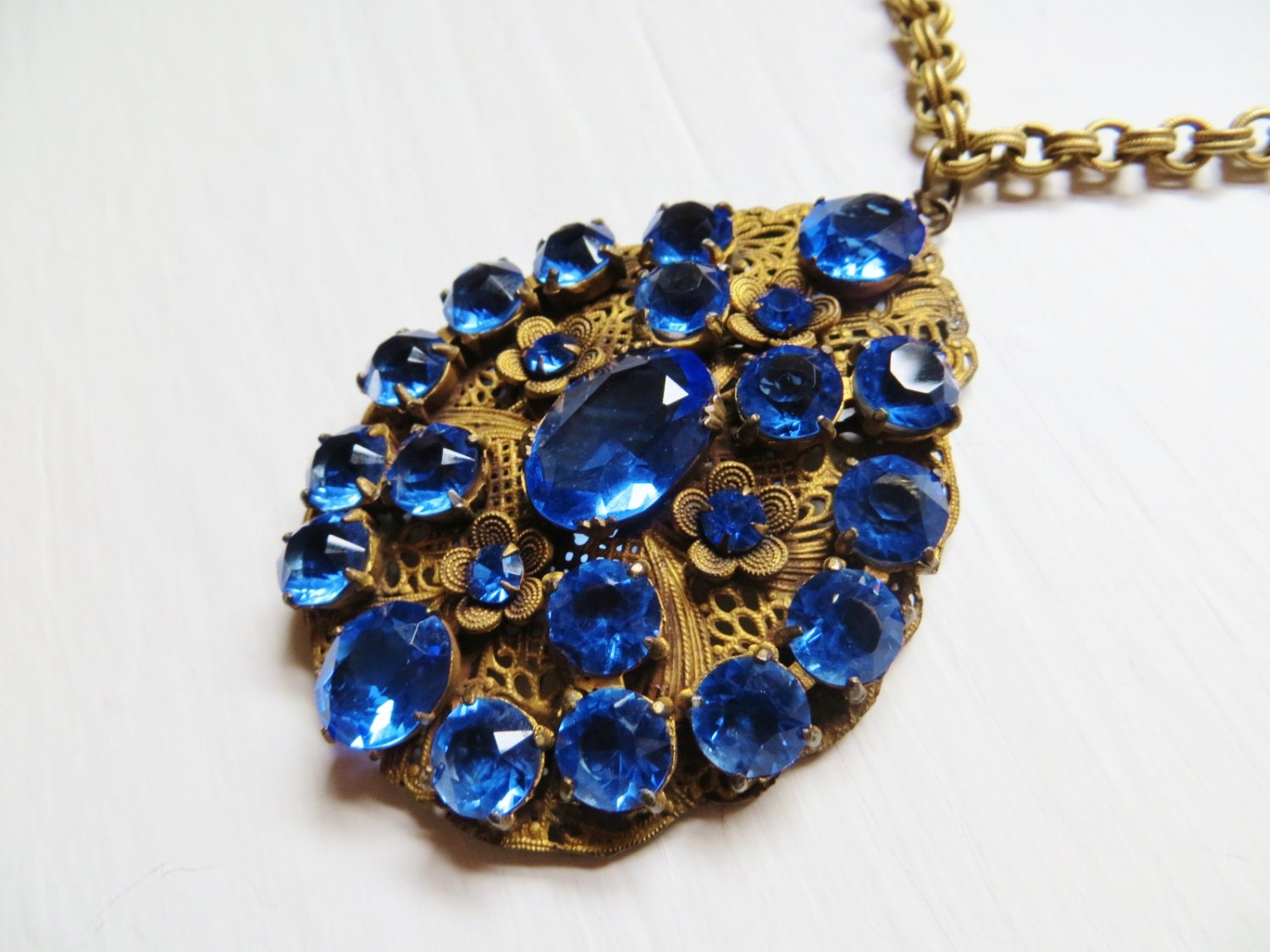 Vintage Statement Necklace HUGE Czech Art Deco Blue Glass Gold Brass Flowers Pendant Necklace Gold Filled Chain 1930s Art Deco Jewelry