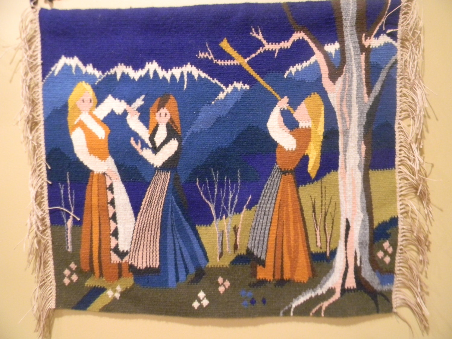 HUGE Sale Norwegian Folk Art 1800S HAND dyed GobelinTapestry wall Hanging Village women dancing & playing instruments