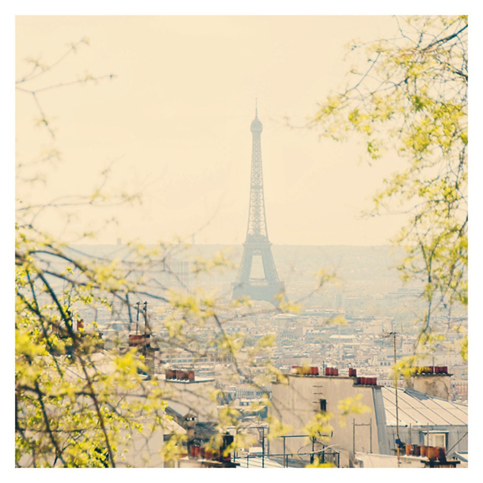 paris eiffel tower photo print - whimsical fine art landscape photography, fall, yellow, cream, city, love, romance, icon, europe - 8x8