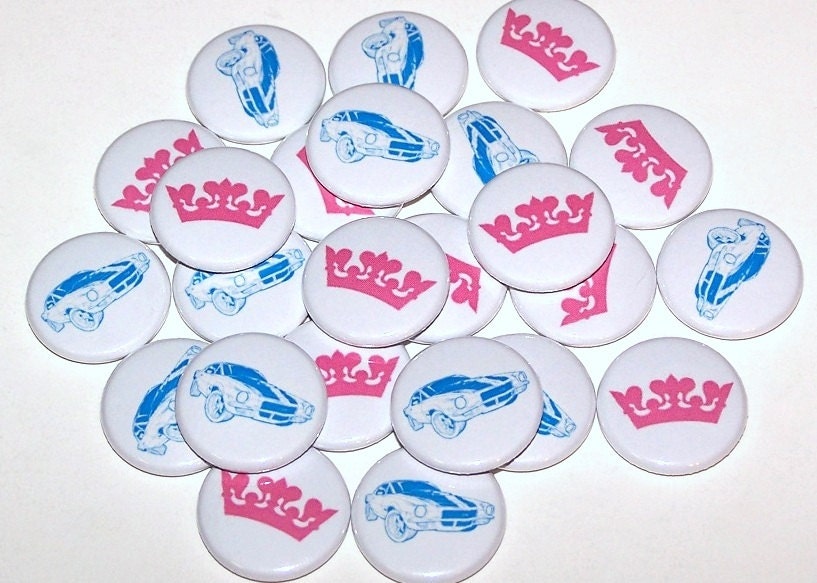 Gender Reveal Party Cars and Crowns 1 Inch Pin Back Buttons 1" Pins Baby Shower Pink Blue