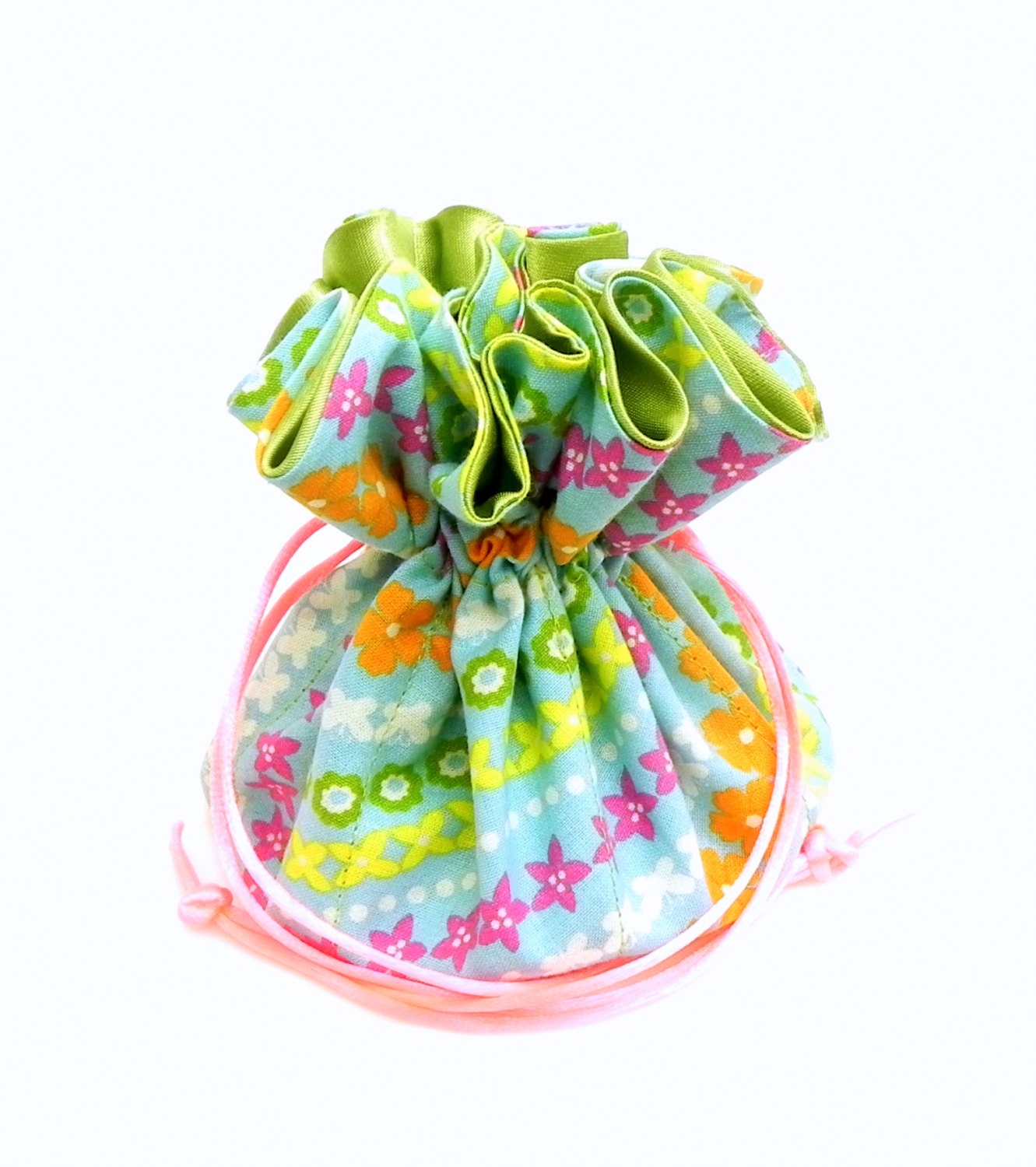 Drawstring Jewelry Pouch - Aqua, green, yellow, blue, orange and pink pastel floral travel bag